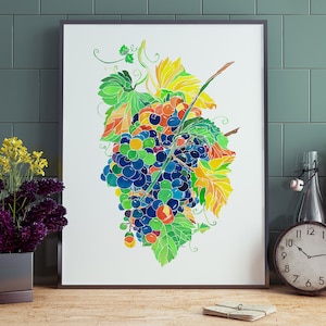 Grape vine wall art, kitchen wall decor, fruit prints, botanical watercolor, grapevine art, wine wall art, kitchen art, fall painting print