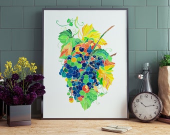 Grape vine wall art, kitchen wall decor, fruit prints, botanical watercolor, grapevine art, wine wall art, kitchen art, fall painting print