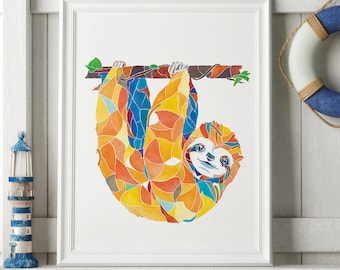 Sloth art print, sloth lover gift, colorful sloth painting, cute sloth wall art, sloth poster artwork, animal prints, sloth gift idea