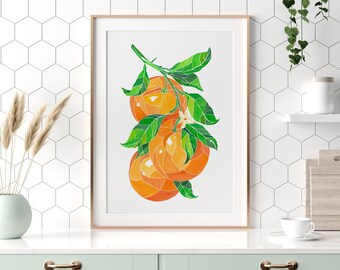 Orange wall art print, kitchen wall decor, food art poster, fruit wall art painting, orange tree watercolor kitchen art, kitchen art prints
