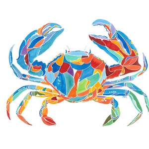 May include: A colorful watercolor painting of a crab with blue, red, green, yellow, and orange accents. The crab is depicted in a stylized, geometric style.
