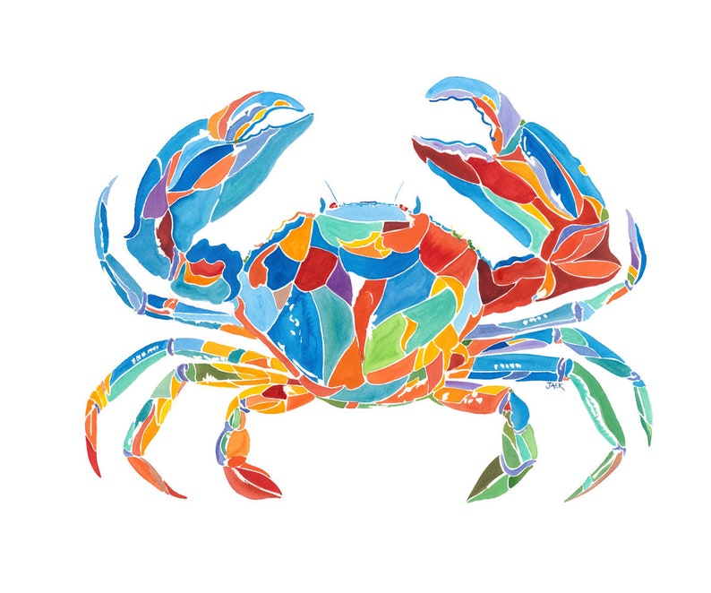 May include: A colorful watercolor painting of a crab with blue, red, green, yellow, and orange accents. The crab is depicted in a stylized, geometric style.