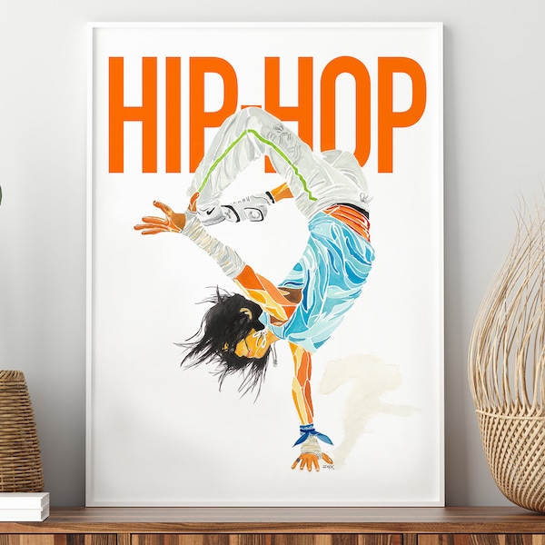 Affiche danse hip hop, cadeau prof de danse, déco studio de danse, affiche colorée chambre enfant ou ado, tableau peinture art aquarelle