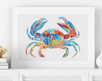 Sztuka z krabem niebieskim, wydruk ścienny z krabem z Maryland, akwarelowe malarstwo przedstawiające zwierzęta oceaniczne, wydruki oceaniczne, dekoracja ścienna do pokoju dziecięcego w stylu marynistycznym, wystrój domu w stylu nadmorskim