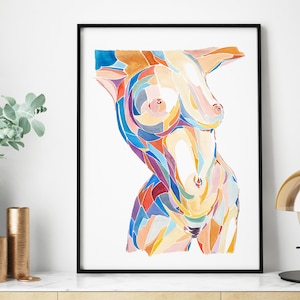 May include: Abstract watercolor painting of a torso with a colorful geometric pattern. The painting is in shades of blue, green, yellow, orange, and pink.
