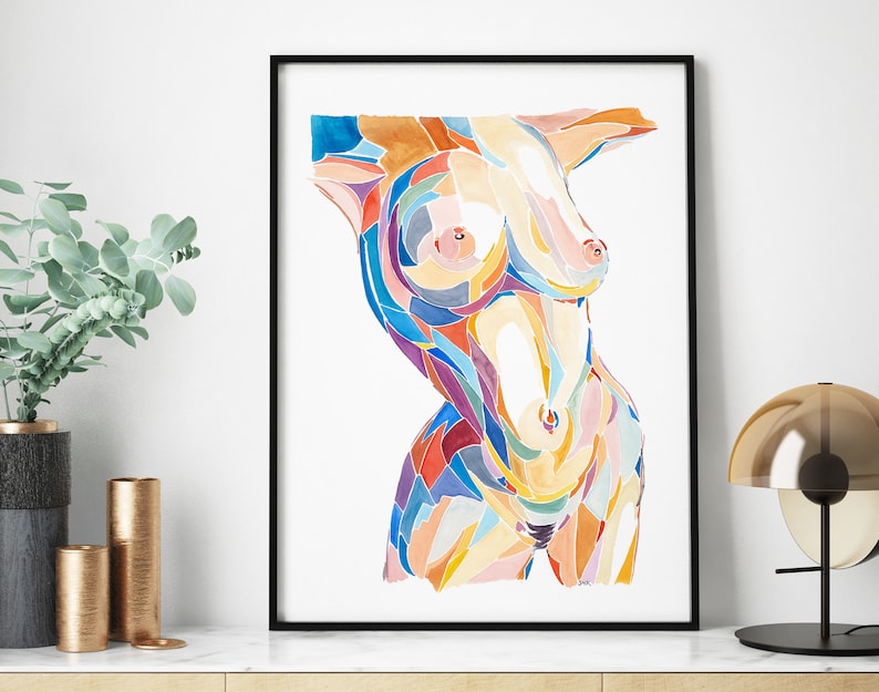 May include: Abstract watercolor painting of a torso with a colorful geometric pattern. The painting is in shades of blue, green, yellow, orange, and pink.