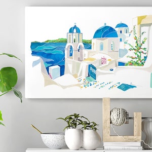K&ouml;nnte beinhalten: Ein Aquarellbild eines wei&szlig;en Geb&auml;udes mit blauen Kuppeln und einem Glockenturm. Das Geb&auml;ude steht vor dem Hintergrund eines blauen Meeres und eines gr&uuml;nen H&uuml;gels. Das Bild ist in einem minimalistischen Stil gehalten, mit einfachen Linien und Formen.