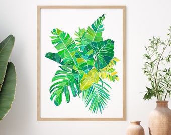 Tropical leaf print, botanical watercolor painting, green leaf wall art, monstera print, green artwork, tropical plant poster, palm leaf art