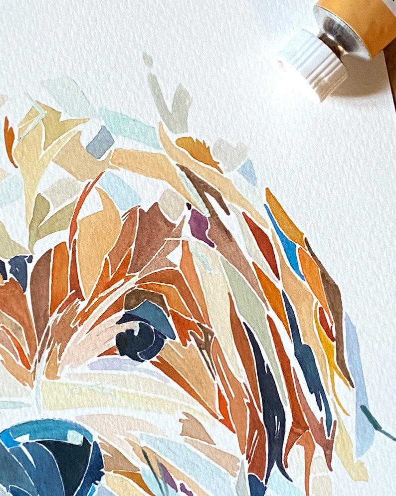 May include: Abstract watercolour painting of a dog's face in shades of brown, orange, blue, and white.