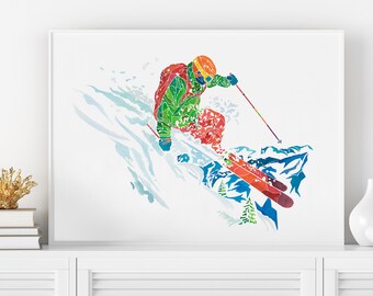 Impresión de arte de pared de deportes de invierno, obras de arte de esquí alpino de montaña, decoración de la habitación adolescente de arte de esquí, cartel deportivo dormitorio para niños, sala de juegos, dormitorio universitario
