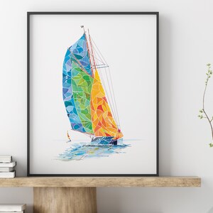 May include: A watercolor painting of a sailboat with a colorful sail. The sail is made up of different shades of blue, green, yellow, and orange. The sailboat is sailing on a calm body of water.
