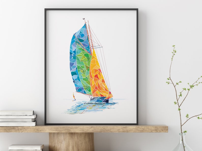 May include: A watercolor painting of a sailboat with a colorful sail. The sail is made up of different shades of blue, green, yellow, and orange. The sailboat is sailing on a calm body of water.