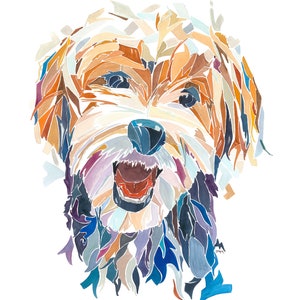 May include: A watercolour painting of a dog's face. The dog is a terrier mix with brown, white and black fur. The dog's mouth is open and its tongue is sticking out. The painting is done in a colourful, abstract style.