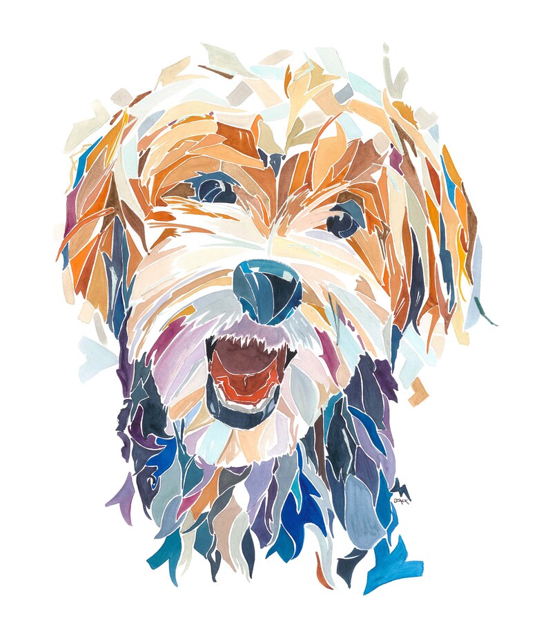 May include: A watercolour painting of a dog's face. The dog is a terrier mix with brown, white and black fur. The dog's mouth is open and its tongue is sticking out. The painting is done in a colourful, abstract style.