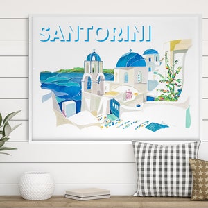 K&ouml;nnte beinhalten: Ein Aquarellbild eines wei&szlig;en Geb&auml;udes mit blauen Kuppeln in Santorini, Griechenland. Das Bild ist mit "SANTORINI" in blauen Buchstaben betitelt.