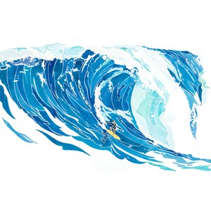 Może przedstawiać: Akwarela przedstawiająca dużą niebieską falę z surferem na desce surfingowej. Fala się łamie, a woda pryska. Surfer jest mały w por&oacute;wnaniu do fali.
