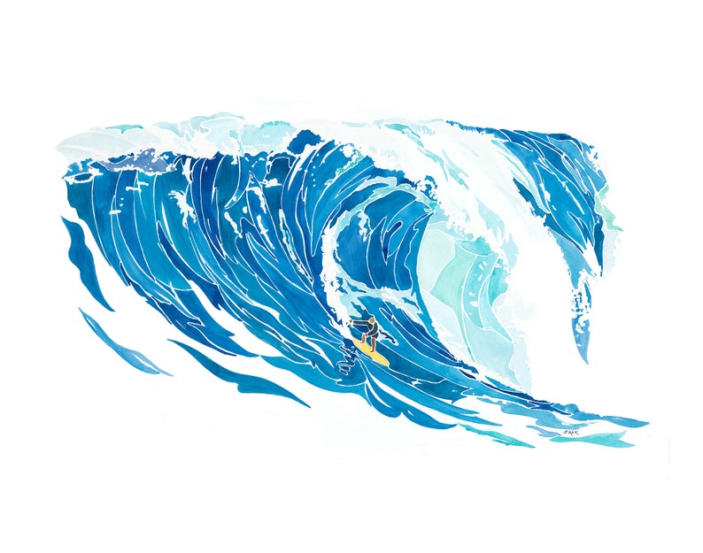 Może przedstawiać: Akwarela przedstawiająca dużą niebieską falę z surferem na desce surfingowej. Fala się łamie, a woda pryska. Surfer jest mały w por&oacute;wnaniu do fali.