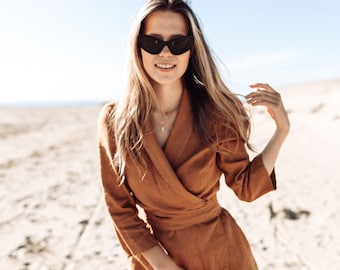 100% Linen Wrap Dress/ 1240