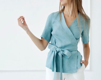 100% Linen Wrap Tunic, Linen Kimono-Top/ 1594