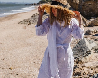 100% Linen White Dress With a Scarf, Maternity Dress, Linen Dress Plus Size, Oriental Dress/ 1255