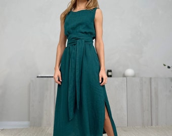 Long 100% Linen Wrap Dress/ 1206