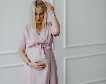 Maternity 100% Linen Wrap Dress/ Linen Pregnancy Robe/ 1282