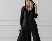 Long Linen Coat-Dress With a Hood and With Hand Embroidery 100 Linen Dress Soft Flax Coat-Dress