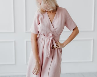 pink linen wrap dress