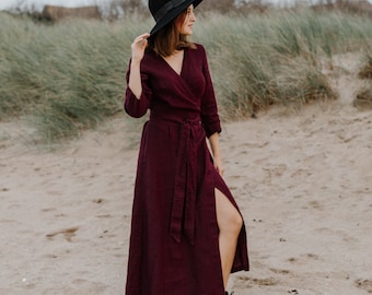 Long Wrap 100% Linen Dress, Linen Dress Plus Size/ 1201