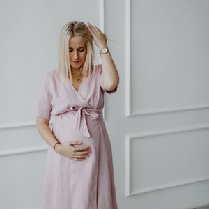 Maternity 100% Linen Wrap Dress/ Linen Pregnancy Robe/ 1282