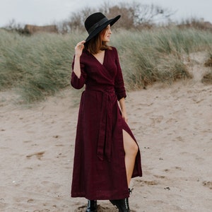 Long Wrap 100% Linen Dress, Linen Dress Plus Size/ 1201