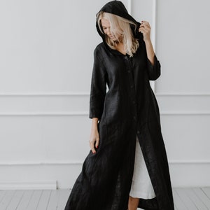 100% Linen Long Coat-Dress With a Hood and With Hand Embroidery/ 1285
