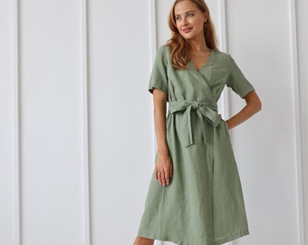 100% Linen Wrap Dress, Linen Maternity Dress Plus Size/ 1282