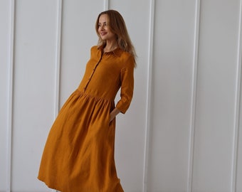 Long 100% Linen Collar Dress/ 1245