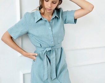 100% Linen Collar Shirt- Dress/ 1270