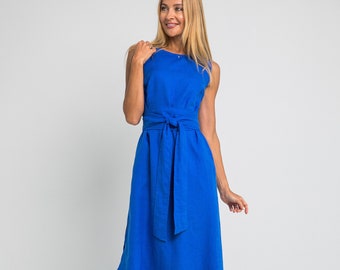 Ready to Ship/ Long 100% Linen Wrap Royal Blue Dress/ 1206