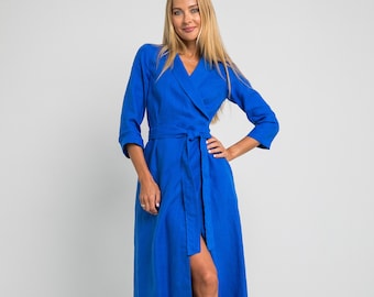 100% Linen Long Wrap Collar Dress/ Linen Dress Plus Size/ 1213