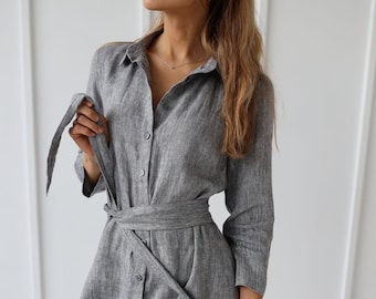 100% Linen Collar Shirt- Dress/ 1260