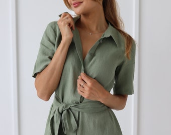 100% Linen Collar Shirt- Dress/ 1270