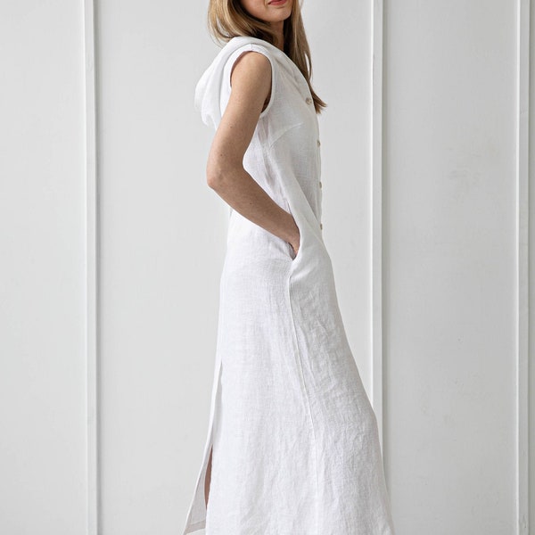 100% Long Linen Coat-Dress With a Hood/ 1242