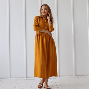 Long 100% Linen Collar Dress/ 1245 image 3