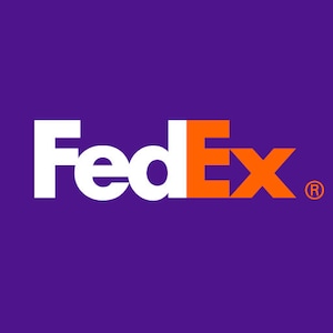 May include: FedEx logo in white and orange on a purple background. The word "FedEx" is in white with the "Ex" in orange. The logo has a registered trademark symbol.