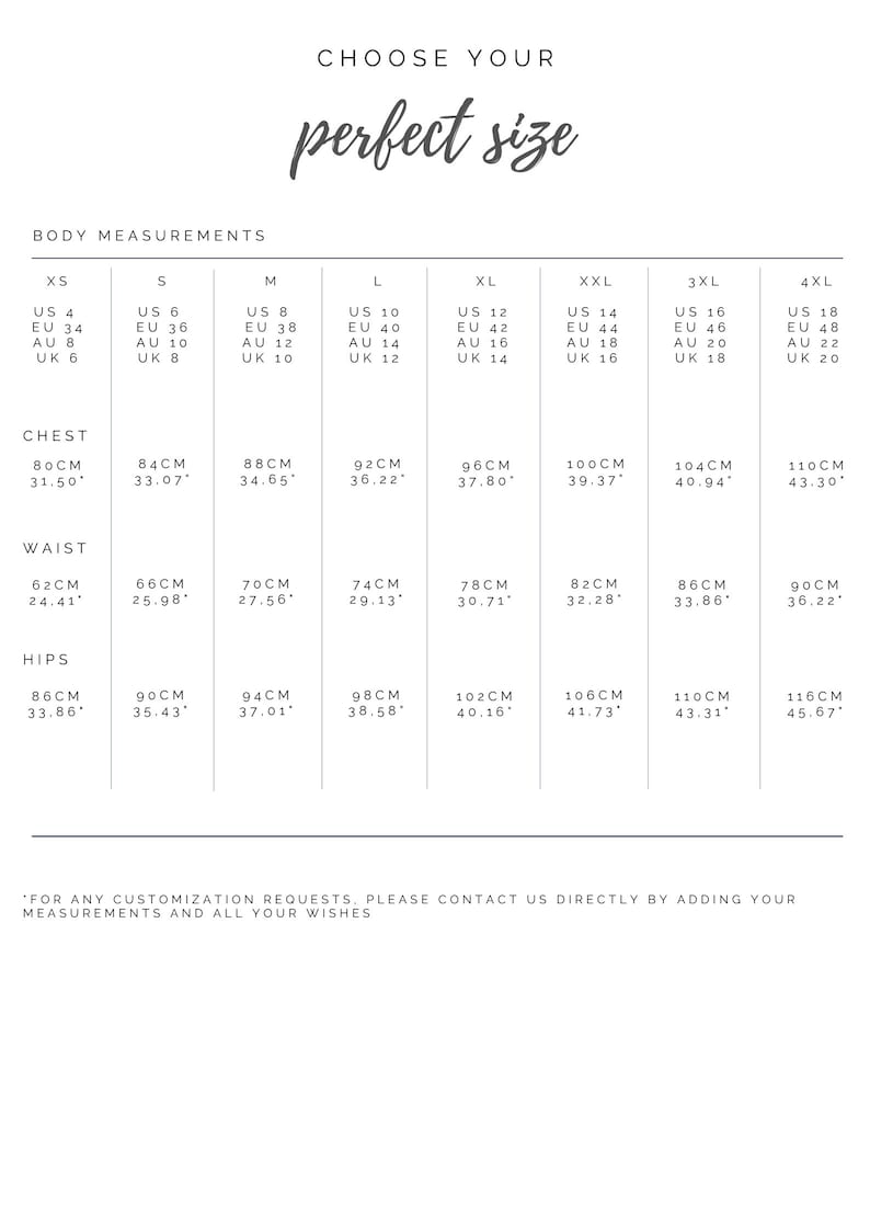 May include: Size chart for clothing with measurements in inches and centimeters. The chart shows sizes from XS to 4XL with corresponding US, EU, AU, and UK sizes. Measurements are provided for chest, waist, and hips.
