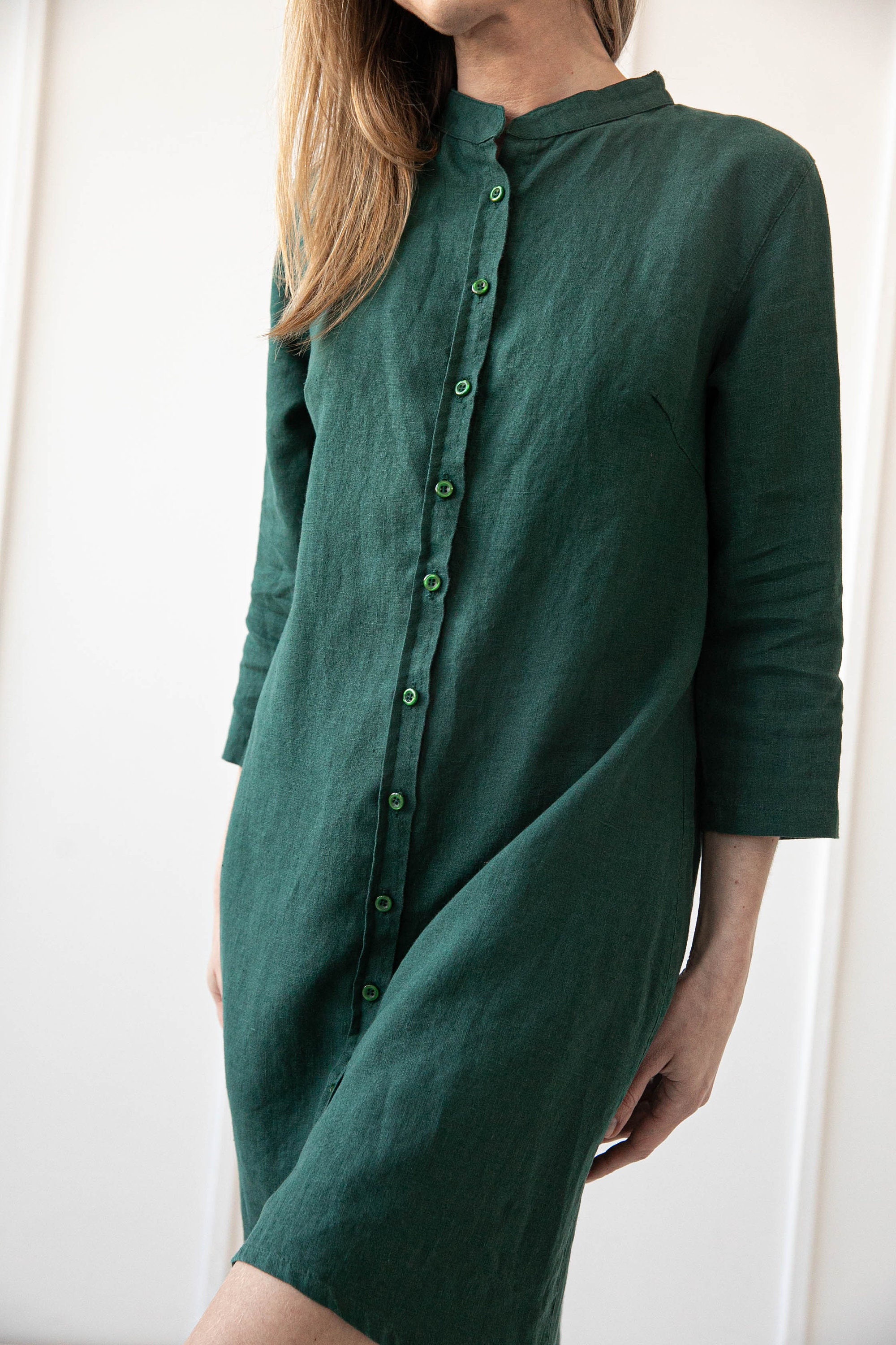 100% Linen Asymmetrical Shirt Dress/ Loose Linen Blouse/ 1501