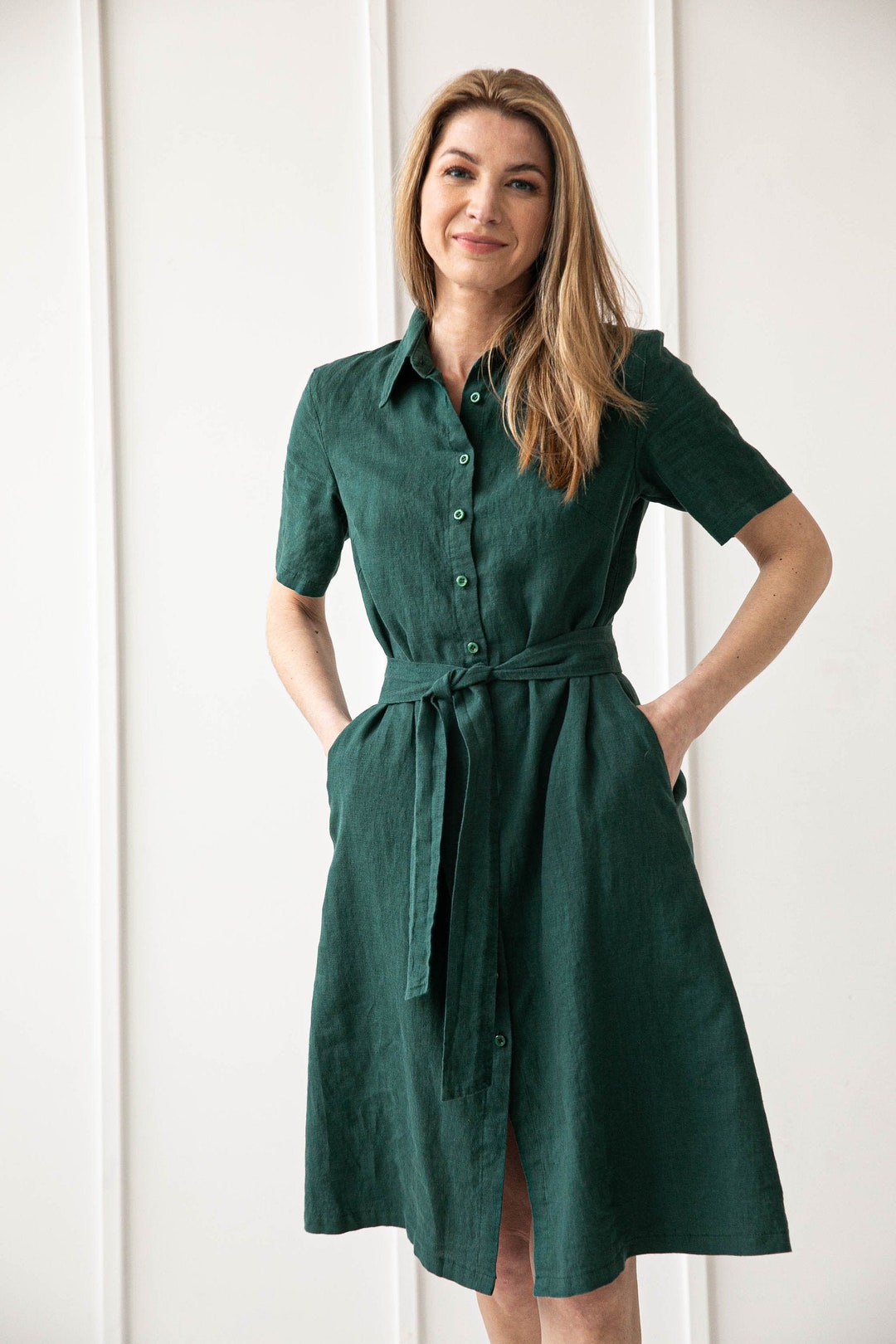 100% Linen Shirt Dress Collar Linen Dress Midi Linen Dress - Etsy