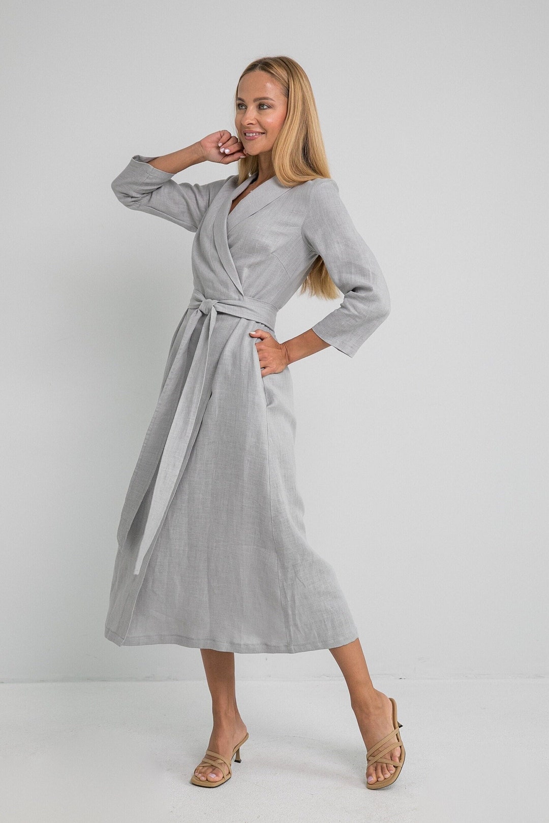 100% Linen Long Wrap Collar Dress/ Linen Dress Plus Size