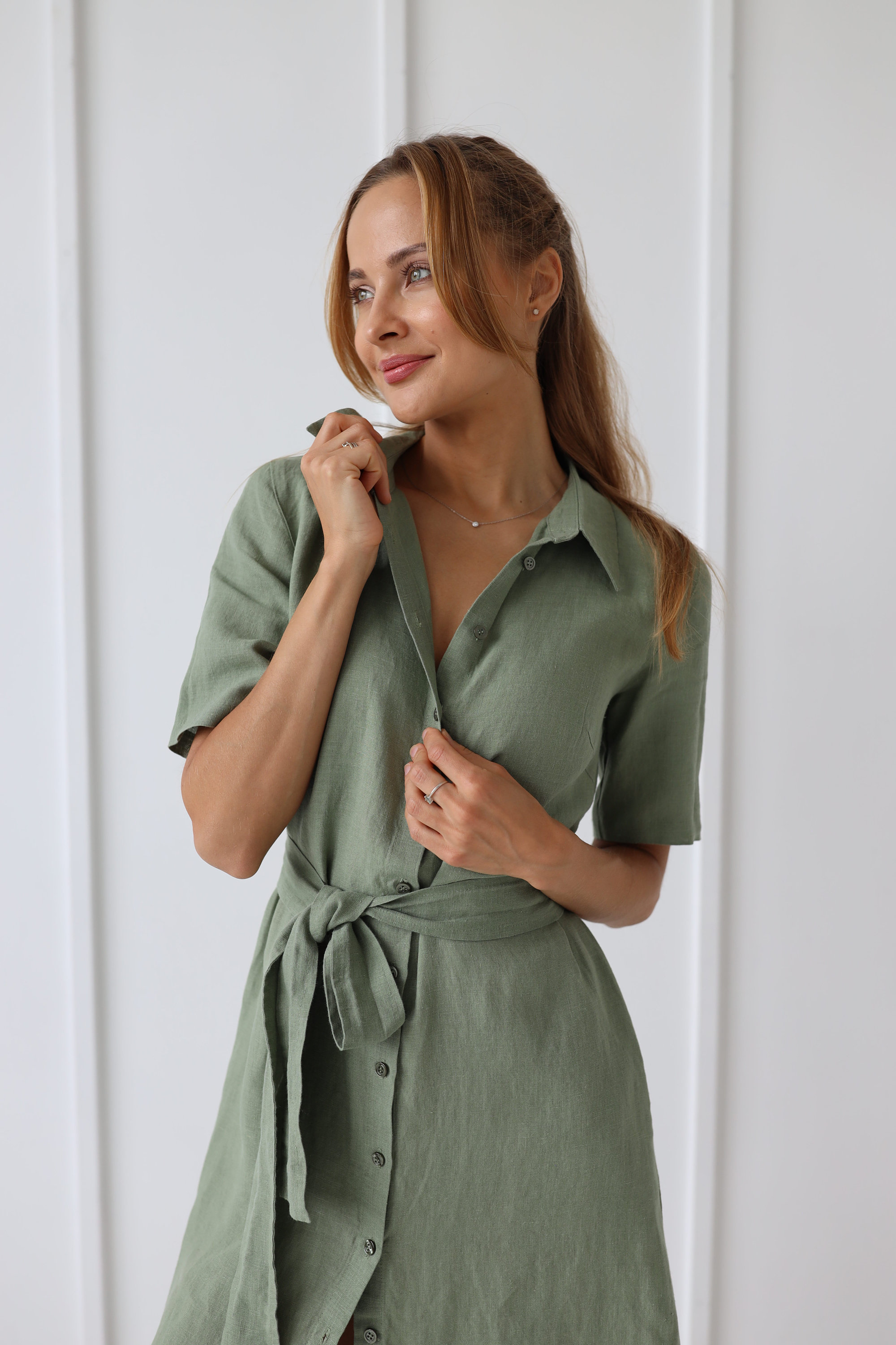 100% Linen Shirt Dress Collar Linen Dress Midi Linen Dress - Etsy
