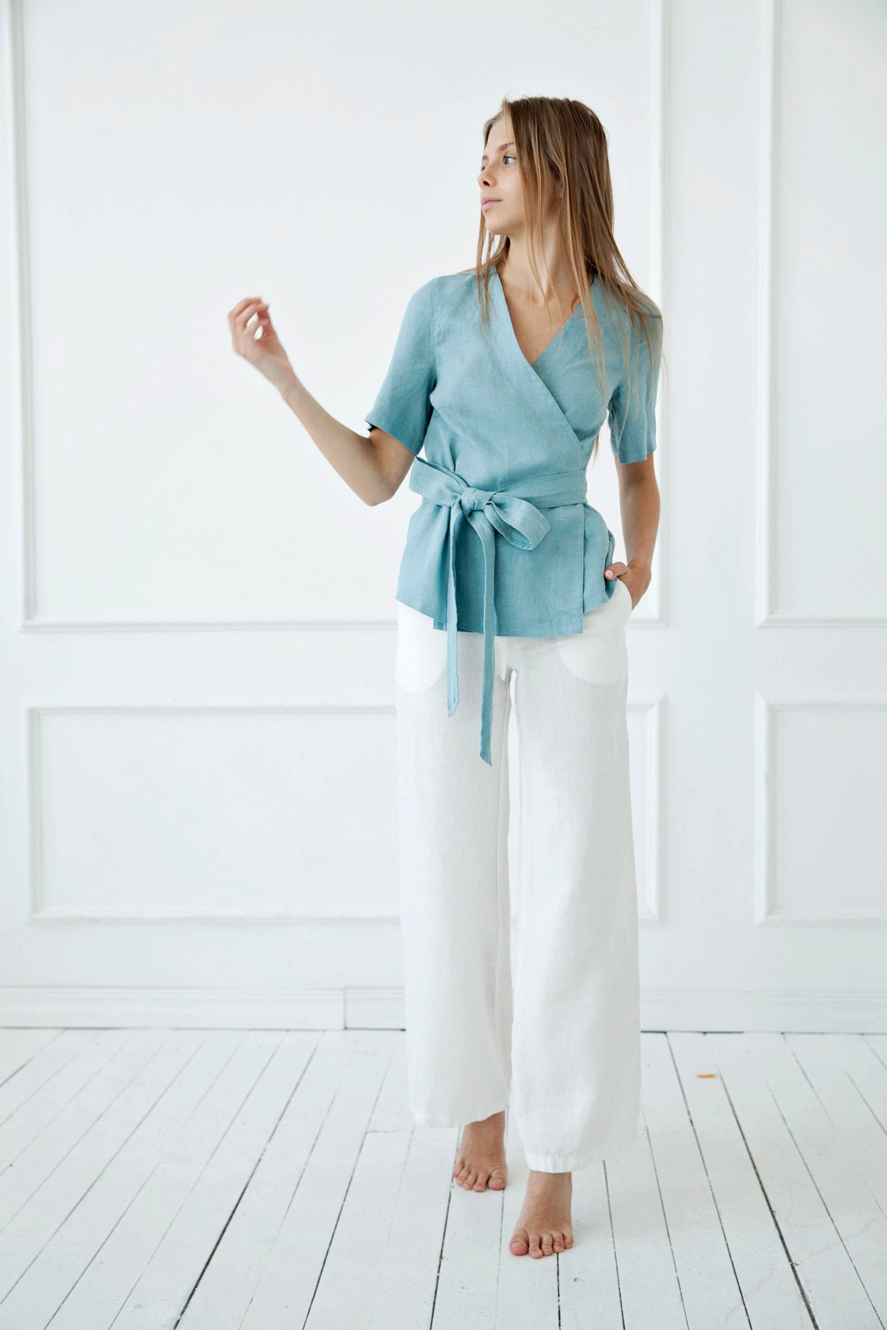 100% Linen Wrap Tunic, Linen Kimono-Top/ 1594