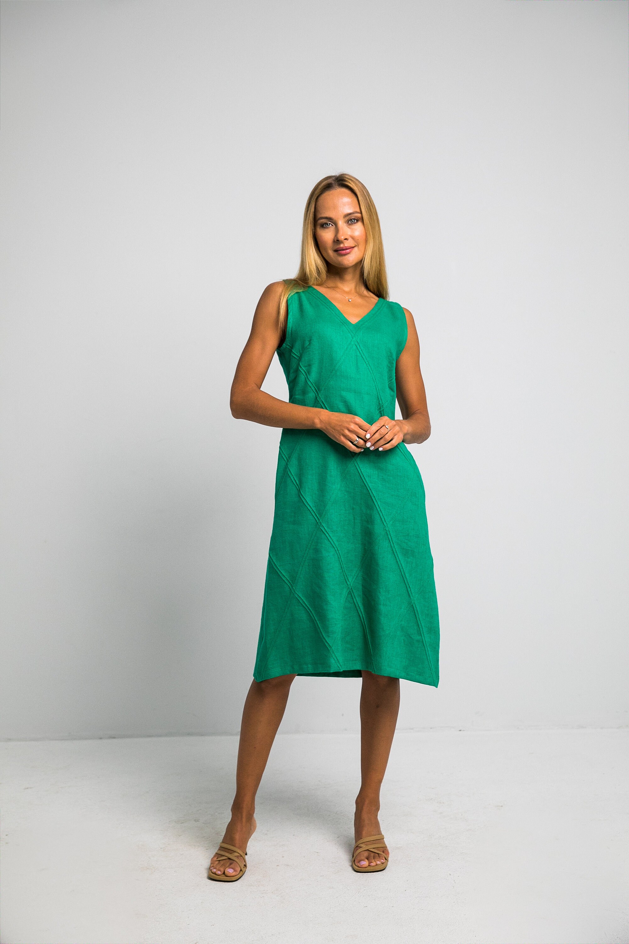 100% Linen Dress With Hand Embroidery/ Flax Sleeveless Dress