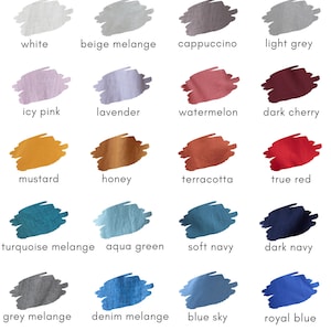 May include: A color chart showing 18 different linen colors. The colors are arranged in four rows of four colors each. The colors are: white, beige melange, cappuccino, light grey, icy pink, lavender, watermelon, dark cherry, mustard, honey, terracotta, true red, turquoise melange, aqua green, soft navy, dark navy, grey melange, denim melange, blue sky, royal blue, olive, sunny green, green forest, and black.